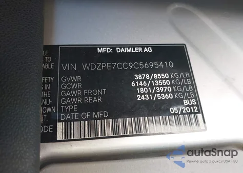 2012 Mercedes-Benz Sprinter 2500 Normal Roof from USA, damaged, VIN WDZPE7CC9C5695410